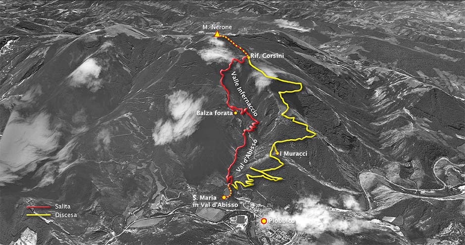 tracciato escursione monte nerone da piobbico per la valle d'abisso e valle infernaccio