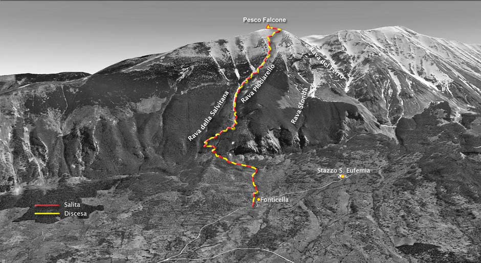 tracciato scialpinismo sul  monte pescofalcone per la rava pisciarello nel gruppo della majella