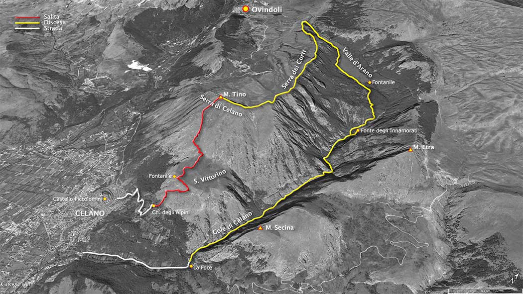 tracciato escursionismo, da celano al monte tino, discesa per le gole di celano - gruppo del monte sirente