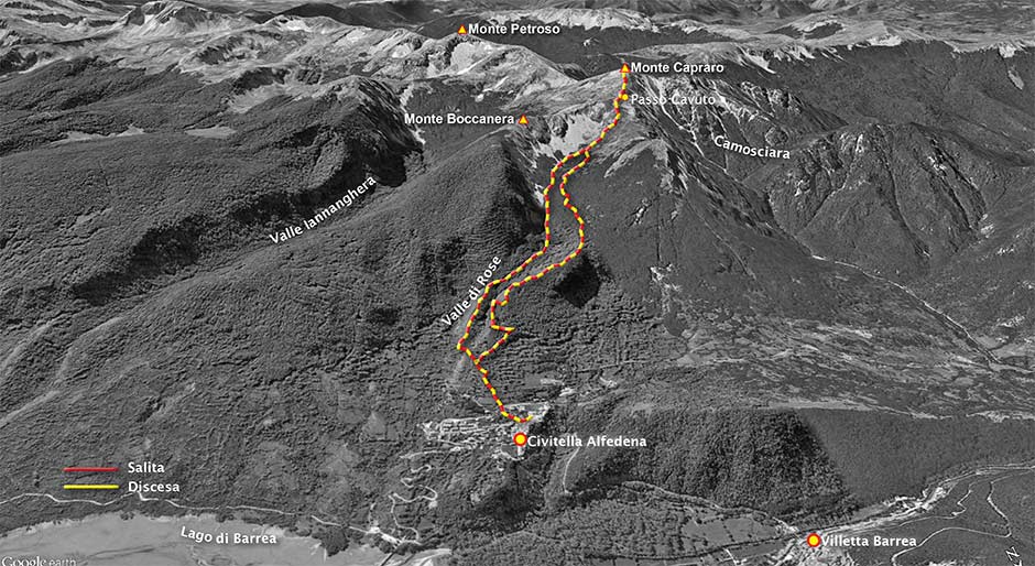 tracciato scialpinismo da civitella alfedena al monte capraro per la val di rose - monti della meta