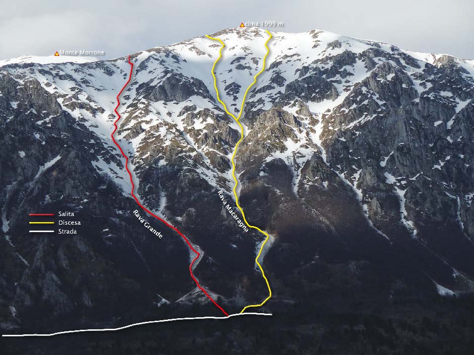 tracciato scialpinismo salita per la rava grande discesa per la rava macaragna - monte morrone