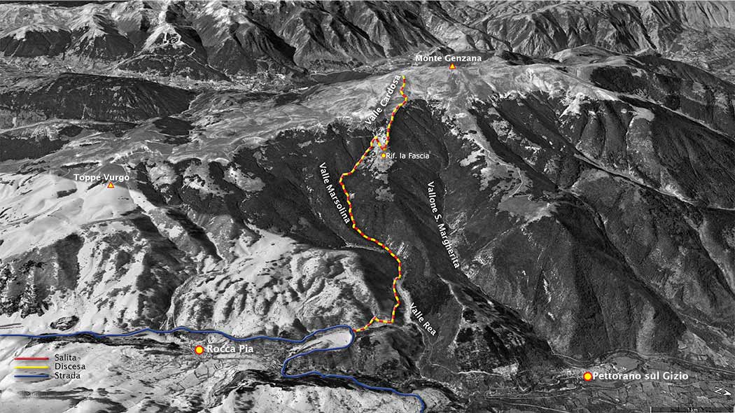 tracciato scialpinismo, da rocca pia al monte genzana per la valle marsolina - grupo del monte genzana